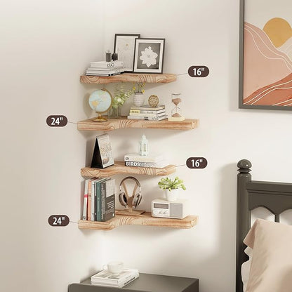 SAUMONIERES Corner Floating Shelves Wall Mount Shelf Solid Wood for Bedroom Bathroom Room Kitchen Storage Set of 3, Rustic Torched, Invisible Brackets