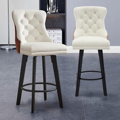 Modern Swivel Bar Stools Velvet Button Tufted Bar Stools Rivet Trim Bar Stools for Kitchen Island,Bistro, with Metal Pull Ring Sturdy Footrest Large Backrest for Home Bar