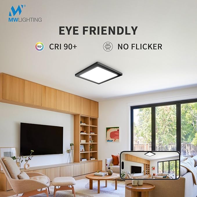 9 Inch Square Black Ceiling Light, 18W, 120V, 3000K/4000K/5000K Adjustable, Dimmable Slim LED Ceiling Light, Low Profile Fixtures for Bedroom, Kitchen, Hallway, Laundry, ETL Listed, Each Side is 8.43"