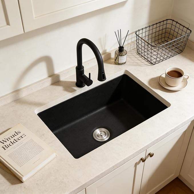 MILOSEN Black Kitchen Sink 31×18×9 Inch, Undermount/Drop In Granite Composite Quartz Single Bowl Sink, Large Deep Undermount Kitchen Sinks with Custom Accessories