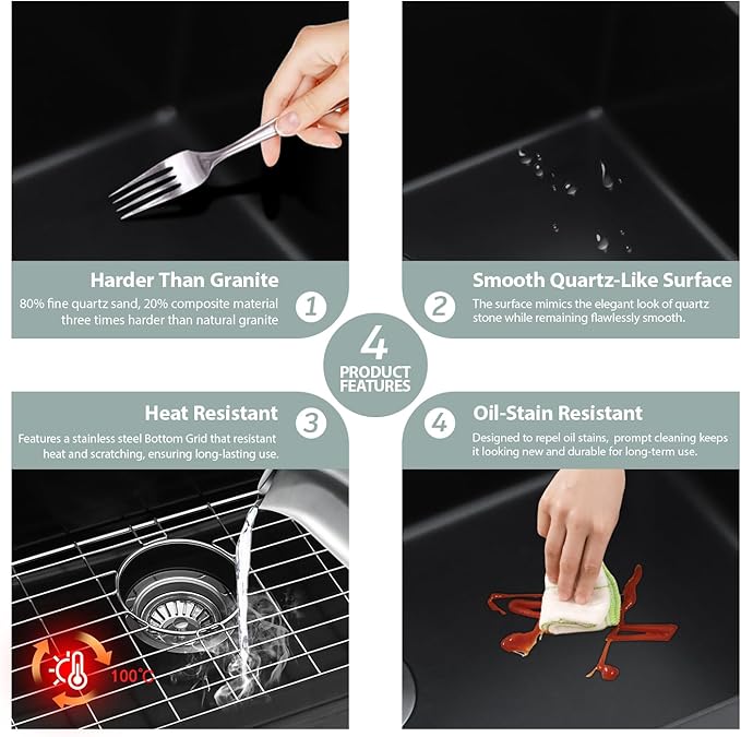 Kichae Black Undermount Bar Sink - 18 x 18 Black Composite Granite Undermount Wet Bar Prep Kitchen Sink