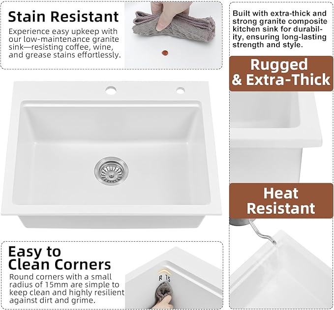 Davivy 25 Inch White Granite Composite Kitchen Sink Workstation, Quartz Kitchen Sink White, Drop in & Undermount Installation, Single Bowl Design with Accessories