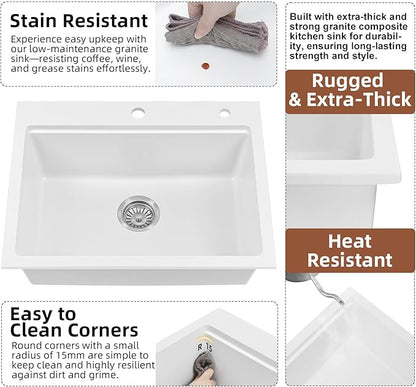 Davivy 25 Inch White Granite Composite Kitchen Sink Workstation, Quartz Kitchen Sink White, Drop in & Undermount Installation, Single Bowl Design with Accessories