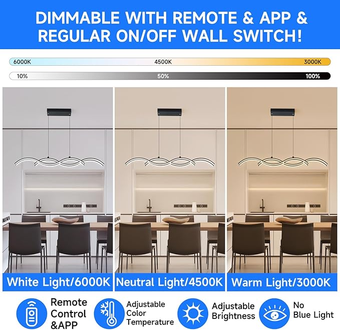 ORANOOR Modern LED Pendant Lights, Dimmable 39in Linear Wave LED Chandelier Lighting, Black Dining Room Hanging Light Fixtures Kitchen Island Linear Pendant Light for Dining Table (4200lm,Upgraded)