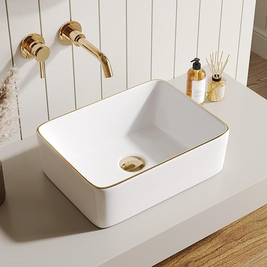 DeerValley Liberty 16x12 Inch Rectangular Vessel Sink, White Ceramic Basin with Gold Band, Above Counter Bathroom Sink, DV-1V0366