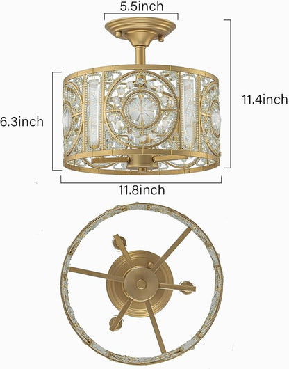 Semi Flush Mount Chandelier for Dining Room, 3-Lights Vintage Crystal Round Chandelier, Gold Retro Semi-Flush Mount Ceiling Lights Fixture for Living Room Bedroom Kitchen Hallway Foyer