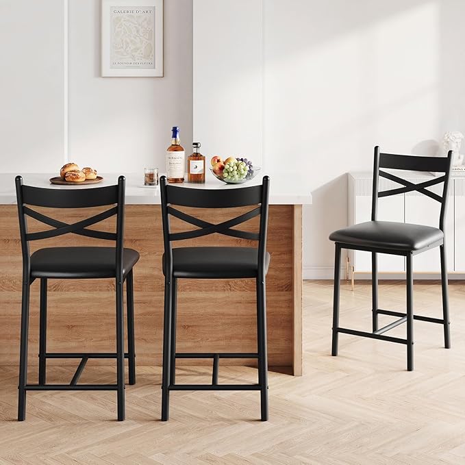 Garvee 26 Inch Bar Stools Set of 4, Counter Height Bar Chairs with Back and Thick Cushion, Upholstered Dining Chairs with Padded Seat, Barstools for Kitchen Island, Bar, Dining Room, Modern Black