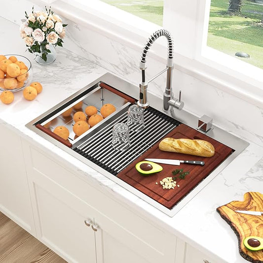 Sarlai Drop In Kitchen Sink - 33x22 Drop In Kitchen Sink Ledge Workstation 16 Gauge Stainless Steel Topmount Deep Single Bowl Over Counter Sinks Basin Round Corners