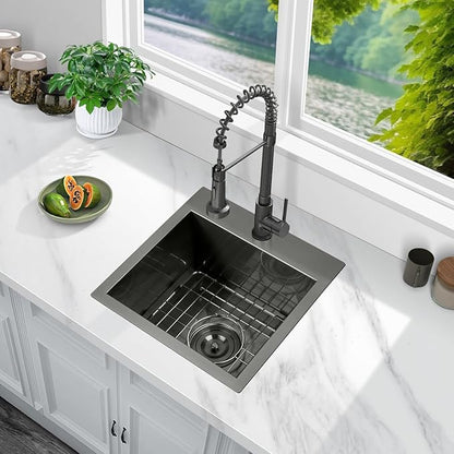 FRANIC 15" Handmade Black Bar Workstation Sink, 15" x 15" x 9" Stainless Steel Matte Nano Black Topmount Single Bowl Small Kitchen Outdoor Sink