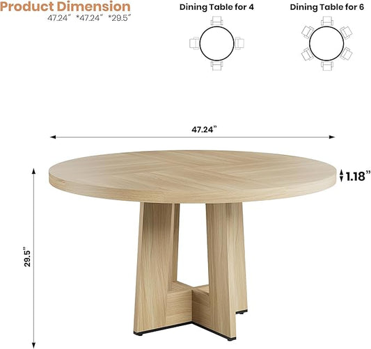 Garvee 47" Round Dining Table for 4-6 People - Circle Kitchen Dinner Table with Sturdy Pedestal Base, Space Saving Dinning Room Furniture for Living Room, Kitchen, Apartment, Natural