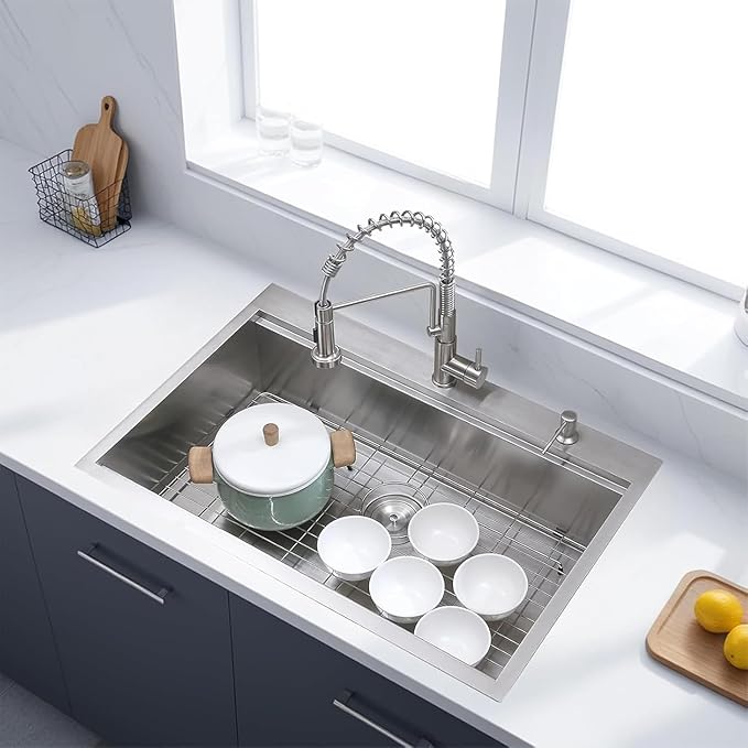 KINGO HOME Drop in Kitchen Sink,33"x 22" Inch Stainless Steel Kitchen Sinks,Brushed Nickel Single Bowl Basin Handmade Topmount workstation sink With Dish Grid,Dish Drainer,Cutting Board and Basket