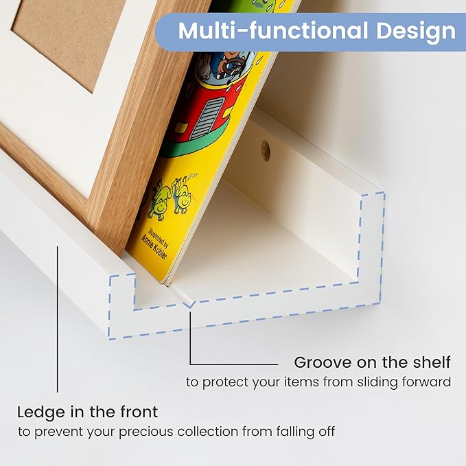 FLYJOE Picture Ledge Shelf, Floating Shelves Set of 2, Solid Ash Wood 72'' Long Large Nursery Book Shelves for Toys Storage, Kids Bookshelf for Living Room Bedroom Decor Books Photo Frames, White
