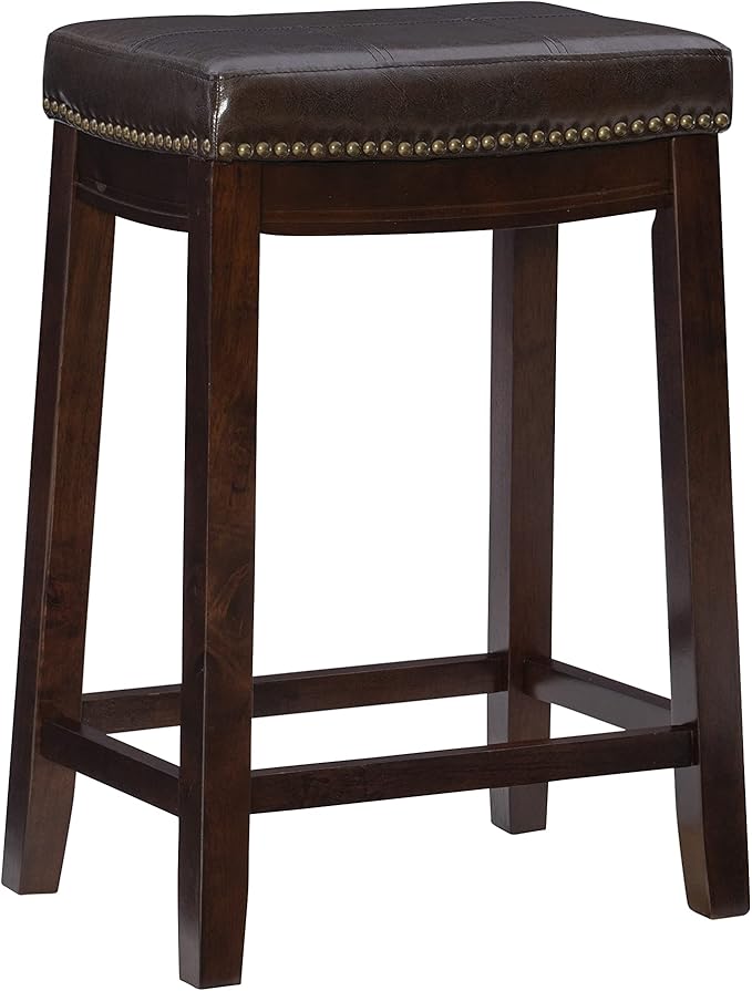 Linon Kingston Brown Wooden Backless 26.5 Inch Seat Height Counter Stool with Brown Faux Leather Upholstered Seat and Nailheads