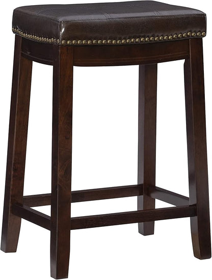 Linon Kingston Brown Wooden Backless 26.5 Inch Seat Height Counter Stool with Brown Faux Leather Upholstered Seat and Nailheads