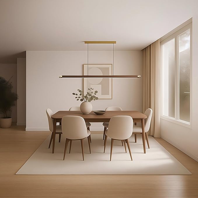 47" Wood Linear Pendant Light, Modern Wabi-Sabi Chandelier with Handcrafted Walnut & Brass, 3 Color Temperatures (3000K-6000K), Hanging Light Fixture for Dining Room, Kitchen, Bedroom