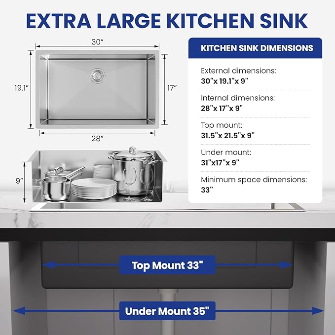 30-inch Kitchen Sink Workstation - 30x19 Inch Drop In Sink Workstation T304 18 Gauge Stainless Steel Single Bowl Kitchen Sinks with Accessories, Handmade Basin, 9 Inch Deep