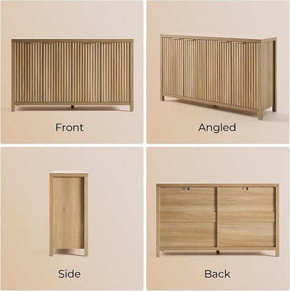 OAKHAM HOME Buffet Cabinet Fluted Sideboard 56" Accent Cabinet with Adjustable Shelves 4 Doors Modern Storage Credenza for Living Room Kitchen Hallway,Golden Oak