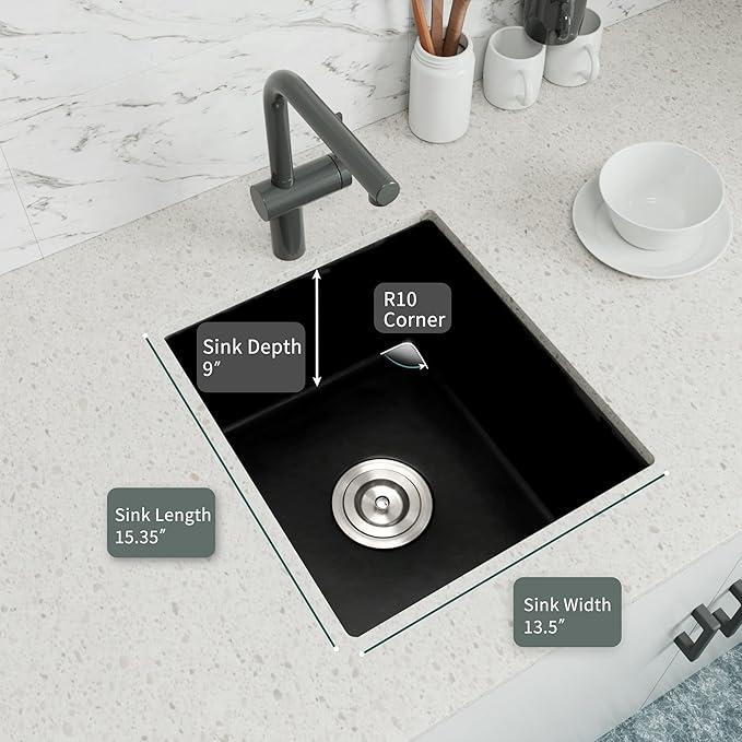 Black Bar Sink Undermount,15 X 17 inch Small Composite Bar Sink,Granite Kitchen & Bar Sinks (Black, 15" X 17")