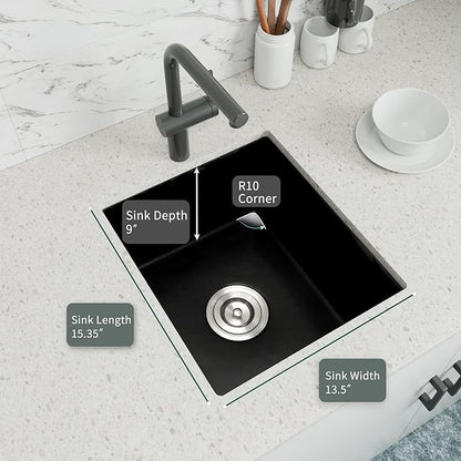 Black Bar Sink Undermount,15 X 17 inch Small Composite Bar Sink,Granite Kitchen & Bar Sinks (Black, 15" X 17")