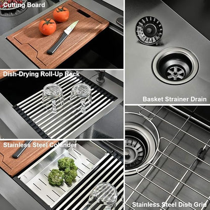 33 Inch Black Farmhouse Kitchen Sink Workstation - VOKIM 33x22 inch Flat Apron Front Farmhouse sink 16 Gauge Stainless Steel Single Bowl Farm Kitchen Sink