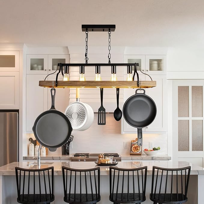 Rustic Farmhouse Chandelier for Dining Room 5-Lights-A Black+Wood