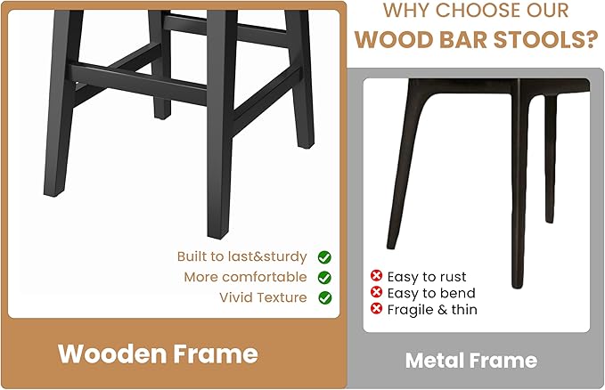 IDEALHOUSE 26.2" Solid Wood Bar Stools Set of 4, Counter Height Bar Stools with Wide PU Leather Upholstered Seat, Barstools Set for Kitchen Islands, Counter Bars, Green