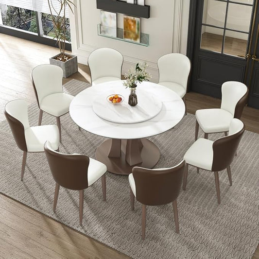 Modern Sintered Stone Dining Table for 6-8, Luxury Faux Marble Kitchen Table with Heavy-Duty Stainless Steel Base, Heat-Resistant Furniture for Dining Room (Table+6 Chairs,53'')