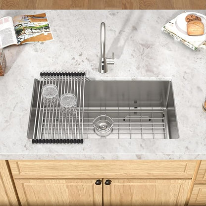 Undermount Kitchen Sink - 33 Inch Undermount 16 Gauge Stainless Steel Kitchen Sink Under Counter Single Bowl Sinks Round Corner, 33"x19"x9" #TLU-0024
