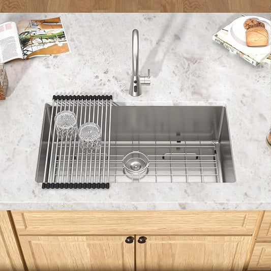 Undermount Kitchen Sink - 33 Inch Undermount 16 Gauge Stainless Steel Kitchen Sink Under Counter Single Bowl Sinks Round Corner, 33"x19"x9" #TLU-0024