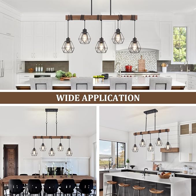 5-Light Kitchen Island Lighting, Farmhouse Chandelier for Dining Room Rustic Wood Ceiling Pendant Light Fixture with Metal Shade, Height Adjustable