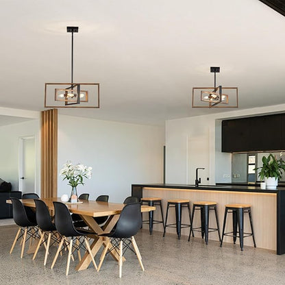 Farmhouse Chandelier, 5-Light Geometric Ceiling Light Fixture, 22" Adjustable Height Pendant Lighting for Living Room Foyer Entryway Dining Room Faux Walnut Grain