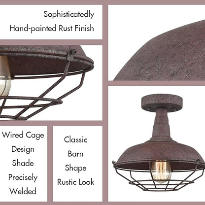 DAYCENT Rustic Semi Flush Mount Ceiling Light Barn Style Light Fixture Farmhouse Metal Cage Ceiling Light 1-Light Industrial Wire Caged Flush Mount Barn Light Rust Finish for Hallway Foyer Kitchen