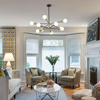 Sputnik Chandeliers Modern Black and Gold Chandeliers 10-Light Mid Century Farmhouse Chandelier Ceiling Light Fixture Height Adustable Pendant Light for Kitchen Island Living Room Dining Room