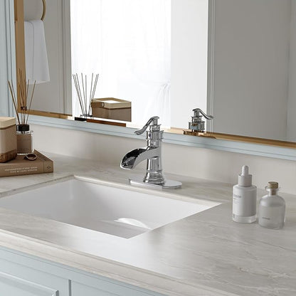 BWE Chrome Waterfall Bathroom Faucet, Single Handle One Hole Sink Faucet with Pop Up Drain and Water Supply Line for Vanity Basin, Solid Brass Construction