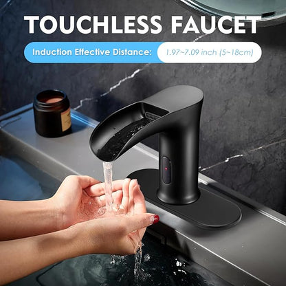 Automatic Sensor Touchless Waterfall Bathroom Sink Faucet, Modern Electronic Sensor Lavatory Faucet, Matte Black Hands Free Vanity Faucets with Control Box and Temperature Mixer