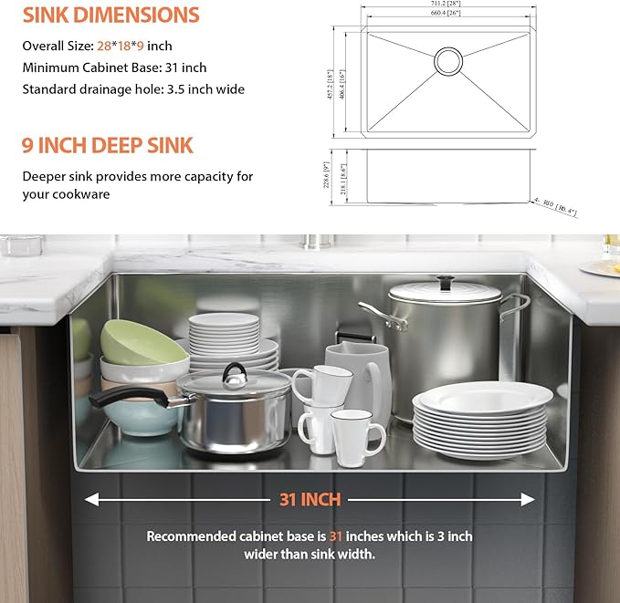 28 Inch Undermount Kitchen Sink 18 Gauge Stainless Steel Under Counter Sink Single Bowl Deep Handmade Single Bowl Kitchen Sink,28"x18"x9"