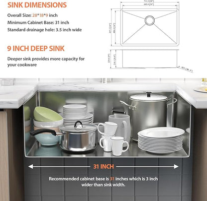 28 Inch Undermount Kitchen Sink 18 Gauge Stainless Steel Under Counter Sink Single Bowl Deep Handmade Single Bowl Kitchen Sink,28"x18"x9"