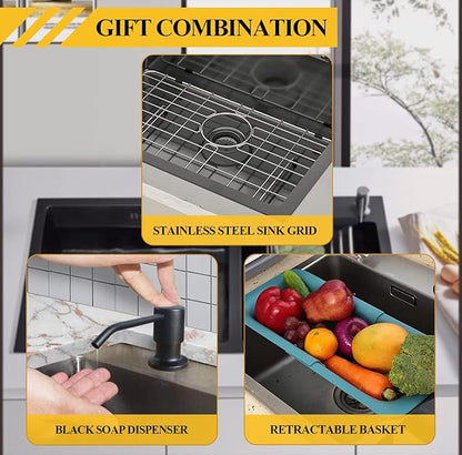 Black Kitchen Sink, Drop In Stainless Steel 30x22x8 Inch Topmount Single Bowl Bar Sink With Accessories-Stainless Grid,Strainer Basket,Soap Dispenser,Drain Assembly Set For Modern&Classic Kitchen
