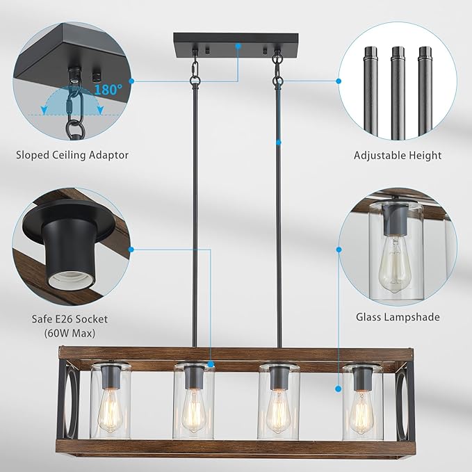 XINGQI 31.5" Industrial Rectangle Chandeliers for Kitchen Island Modern Farmhouse Vintage Linear Hanging 4-Light Fixture for Dining Room Living Room Office Black Wood Grain Finish with Glass Lampshade