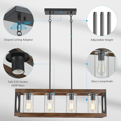 XINGQI 31.5" Industrial Rectangle Chandeliers for Kitchen Island Modern Farmhouse Vintage Linear Hanging 4-Light Fixture for Dining Room Living Room Office Black Wood Grain Finish with Glass Lampshade