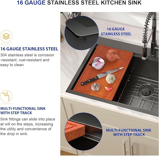 Dcolora 36 Inch Black Kitchen Sink Workstation Drop In Single Bowl Large Sink 16 Gauge Stainless Steel Nano PVD Coating Topmount With Round Corners, #DC-T8864