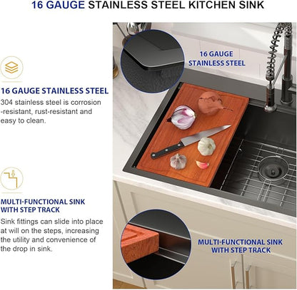Dcolora 36 Inch Black Kitchen Sink Workstation Drop In Single Bowl Large Sink 16 Gauge Stainless Steel Nano PVD Coating Topmount With Round Corners, #DC-T8864