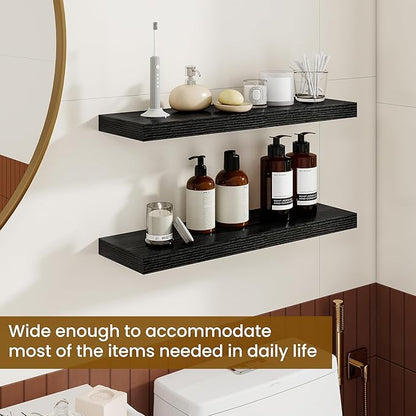 Dreamland 24Inch Floating Shelves for Wall, Rustic Wooden Black Floating Shelves for Bathroom|Bedroom|Kitchen, Deep Wall Mounted Book Shelf, Wood Storage Display Shelf for Home Decor, Set of 2