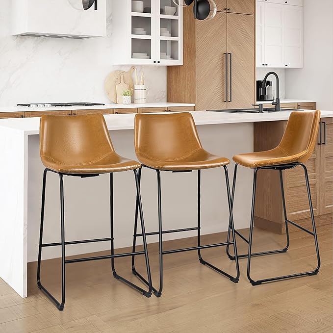 LEMBERI 30 inch Bar Stools Set of 3, Modern Counter Height Bar Stools, Faux Leather Barstool with Back and Metal Leg, Armless Bar Chairs for Kitchen Island (Whisky, 3pcs 30")