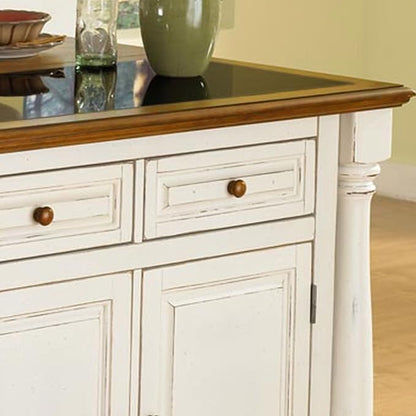 Home Styles Monarch White Kitchen Island with Distressed Oak Top, Black Granite Top Inset, Hardwood, Breakfast Bar, Two Drawers, Two Wood Panel Doors, and Adjustable Shelves