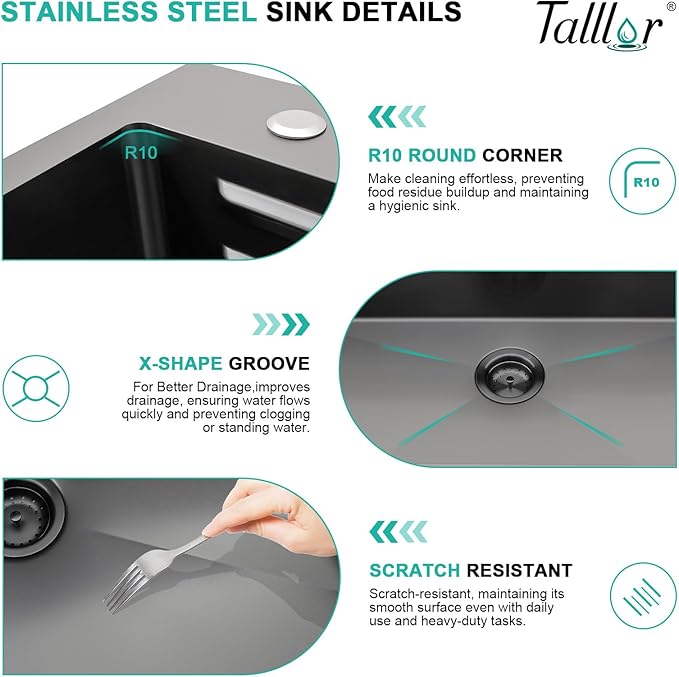 33x22 Gunmetal Black Drop In Kitchen Sink with Faucet, Waterfall Feature & Cup Washer, 16 Gauge 304 Stainless Steel, Workstation Accessories 3-Hole Sink for Residential Kitchen #TLWF-0001