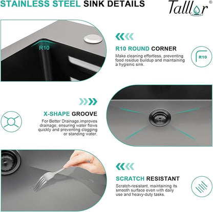 33x22 Gunmetal Black Drop In Kitchen Sink with Faucet, Waterfall Feature & Cup Washer, 16 Gauge 304 Stainless Steel, Workstation Accessories 3-Hole Sink for Residential Kitchen #TLWF-0001