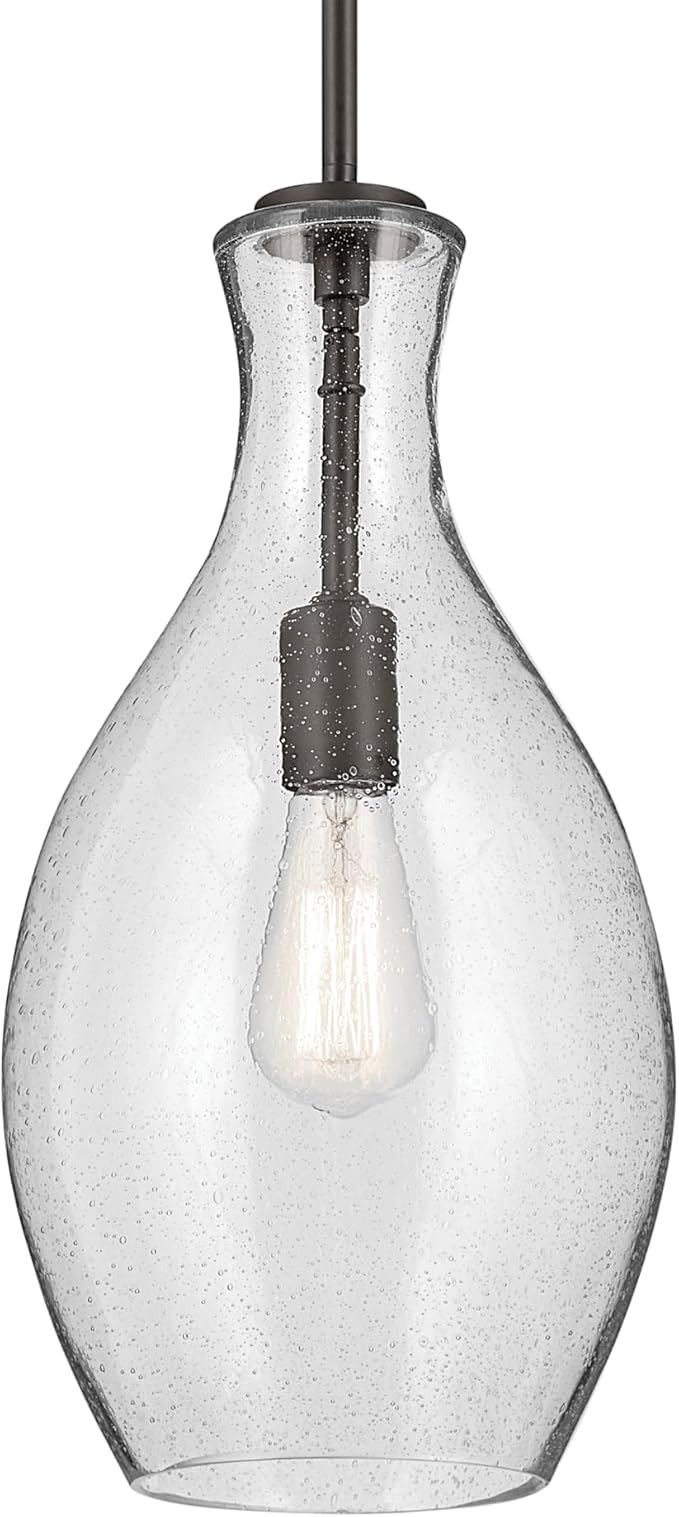 Everly 17.75" 1-Light Bell Pendant with Clear Seeded Glass in Olde Bronze, for a Kitchen Island, Dining Nook, or Home Bar, (17.75" x 8.75") 42047OZCS