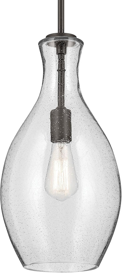 Everly 17.75" 1-Light Bell Pendant with Clear Seeded Glass in Olde Bronze, for a Kitchen Island, Dining Nook, or Home Bar, (17.75" x 8.75") 42047OZCS