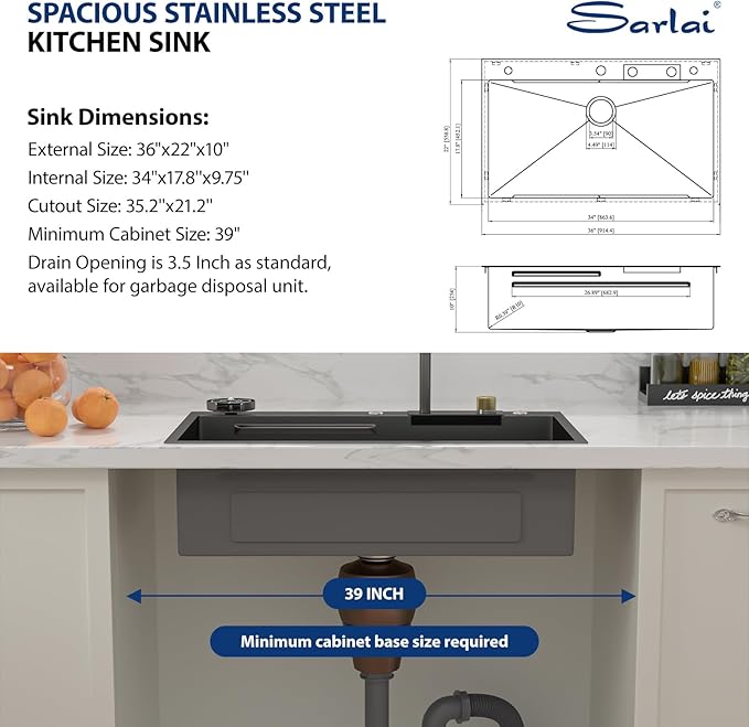 Sarlai 36 Inch Waterfall Kitchen Sink Workstation - 36x22 Black Waterfall Drop In Sink Stainless Steel 16 Gauge Sink Multifunction Single Bowl Smart Top Mount Kitchen Sinks with Faucet Combo